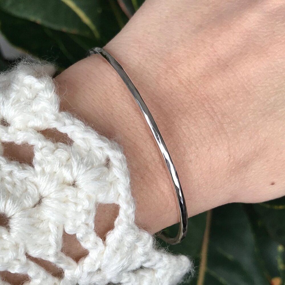 Sterling Silver Stackable Hammered Bangle Bracelet Thick Handmade Unisex